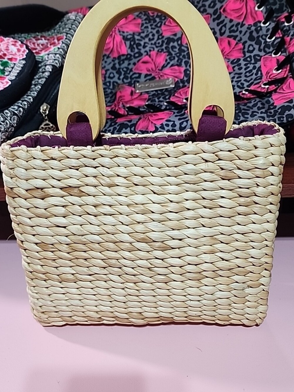 Faded Glory Vintage Woven Straw Floral Tote Bag With Wood Handles - Picture 8 of 10